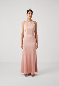 Elegant pink satin halter dress with a fitted bodice and A-line skirt. Smooth texture and floor-length design. Accented with minimal details.