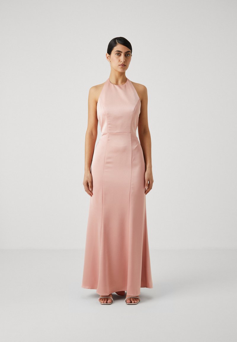Elegant pink satin halter dress with a fitted bodice and A-line skirt. Smooth texture and floor-length design. Accented with minimal details.