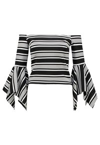 Blusa scollata in stile off-the-shoulder a righe bianche e nere, con maniche lunghe a campana e dettagli sovrapposti. Tessuto morbido con un design aderente.