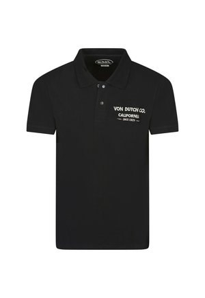 Polo-shirt noir en coton, avec un col à trois boutons, des manches courtes et un logo brodé blanc sur la poitrine.