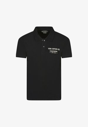 Polo-shirt noir en coton, avec un col à trois boutons, des manches courtes et un logo brodé blanc sur la poitrine.