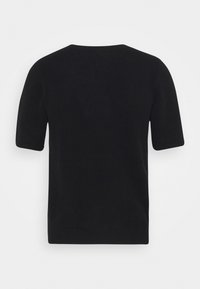 Pull tricot noir à manches courtes avec col rond et ourlet côtelé, présenté à plat montrant le dos sur un fond neutre.