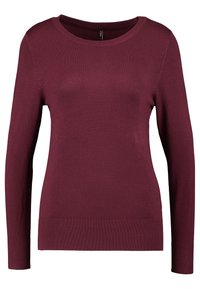 Maglione bordeaux a maniche lunghe con scollo rotondo, realizzato in tessuto a maglia liscia, con polsini e orlo ribattuti per un look aderente.