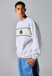 Lichtgrijze sweatshirt met zwarte en crèmekleurige horizontale strepen, met een gecentreerd logo. Geribbelde manchetten en zoom, zachte textuur, relaxte pasvorm.