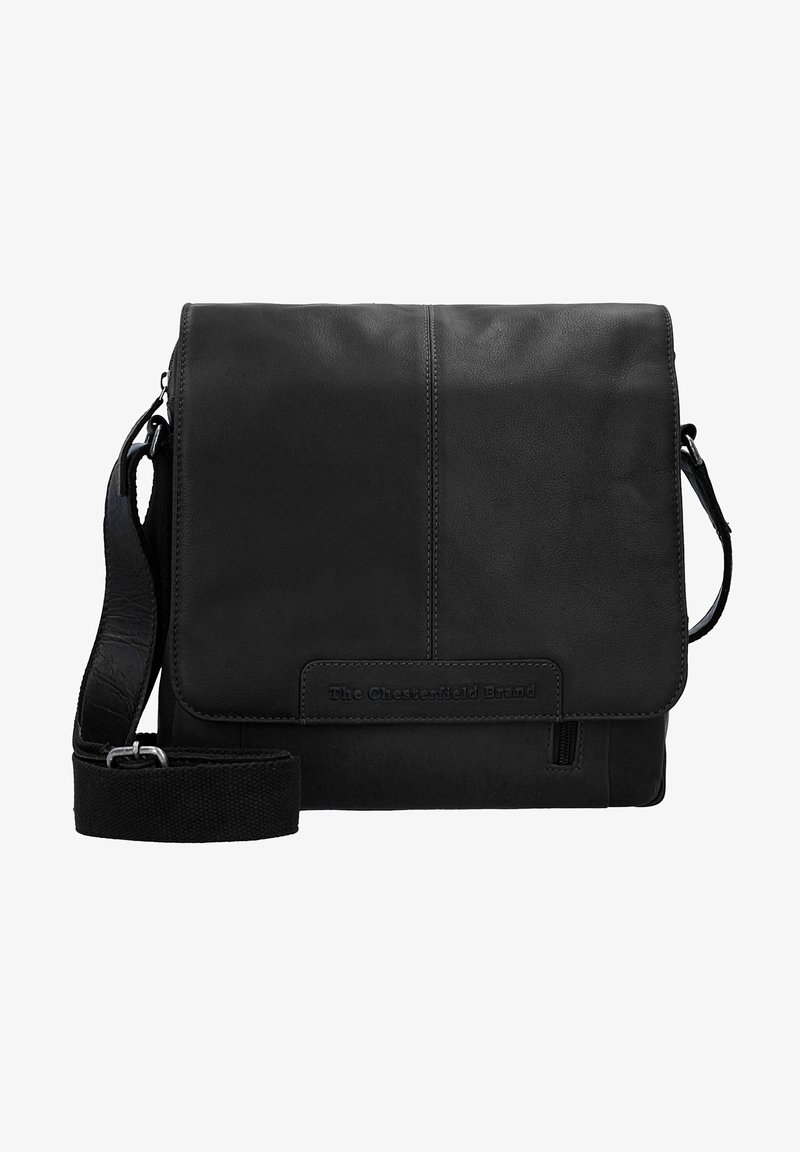 Black leather messenger bag with a flap closure, adjustable fabric strap, embossed logo, and smooth texture. Features a side zipper pocket.