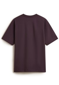 Dark purple cotton T-shirt with a crew neck and short sleeves, featuring a plain surface and straight hemline without embellishments.