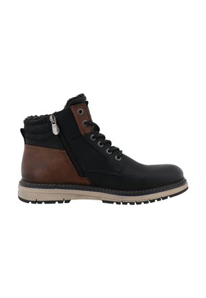 Herren Mid-Top Schnürstiefel mit seitlichem Reißverschluss, schwarzes und braunes Leder, gepolsterter Kragen und robuste beige Sohle.