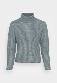 Pull à col roulé en maille grise douce et texturée avec un motif côtelé. Comprend des manches longues et une silhouette ajustée. Un vêtement classique pour l'hiver.
