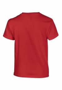 Rød bomulds t-shirt med korte ærmer, rund halsudskæring og en glat tekstur. Har et enkelt design uden synlige mønstre eller detaljer.