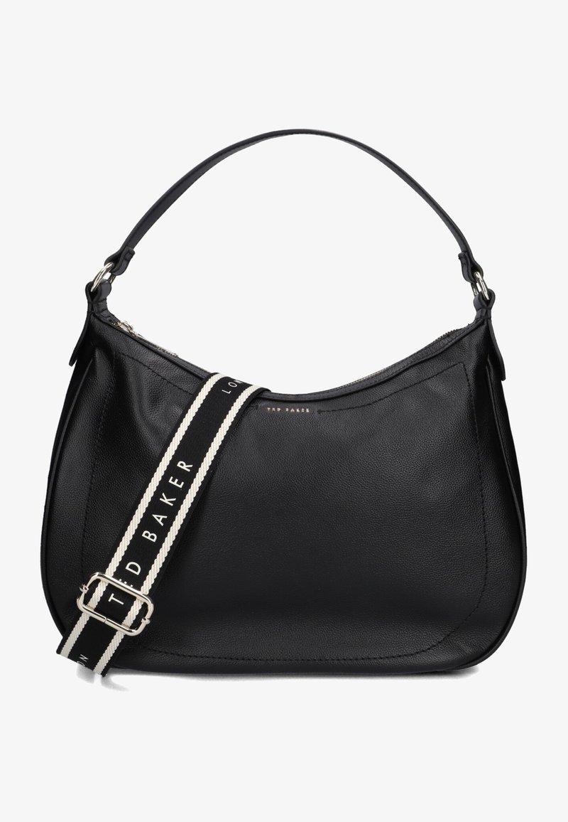 Zwarte leren schoudertas met een gebogen vorm, voorzien van een decoratieve strap met een gestreept patroon en metalen hardware accenten.