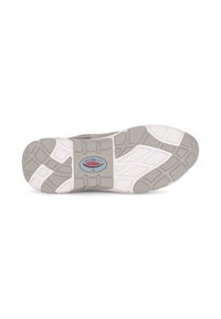 Hellgraue Sportschuhsohle mit strukturiertem Gummi für Grip, ausgestattet mit einem runden Design und einer glatten weißen Zwischensohle. Markenlogo sichtbar.