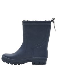 Botte de pluie en caoutchouc marine avec une surface texturée, un bout arrondi et une semelle robuste à grip. Dispose d'un tirant pour un enfilage facile.