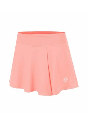 Pinkfarbener athletischer Rock mit breitem elastischem Taillenbund, leichter vorderer Falte und kleinem weißen rundem Logo unten rechts.