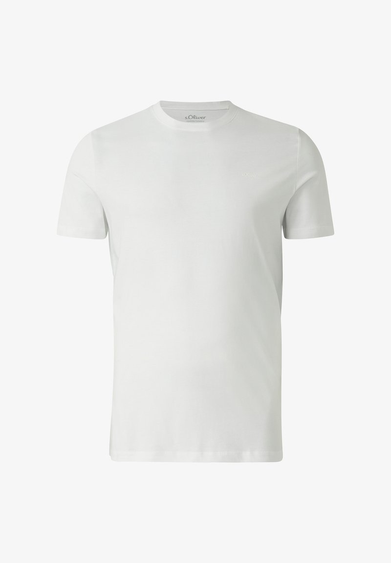 T-shirt blanc uni à manches courtes et col rond avec petit logo s.Oliver sur la poitrine gauche.