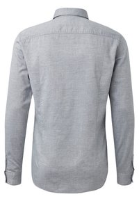 Camicia a maniche lunghe con bottoni in tessuto grigio chiaro, caratterizzata da un colletto classico, taglio dritto e orlo arrotondato. Polsini con bottoni.