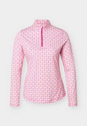 Sudadera para mujer de manga larga con estampado en rosa y blanco, con cuello alto y cremallera frontal de un cuarto.