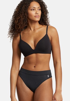 Set con reggiseno nero e slip bikini a vita alta. Tessuto morbido, scollo profondo, spalline sottili e dettaglio con logo sul lato dello slip.