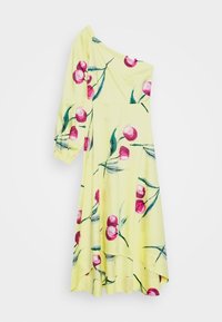 Žluté asymetrické šaty s jedním dlouhým rukávem, zdobené květinovým vzorem růžových třešní a zelených listů.
