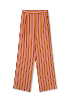 Wijde broek met verticale strepen in roze, oranje en rode tinten, met een hoge taille en zijzakken.