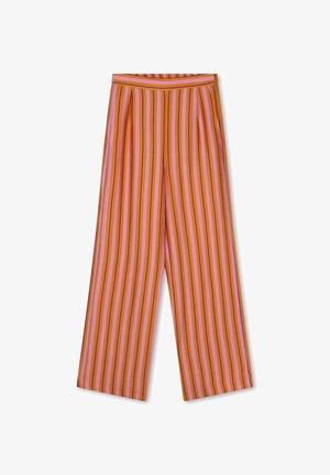 Wijde broek met verticale strepen in roze, oranje en rode tinten, met een hoge taille en zijzakken.