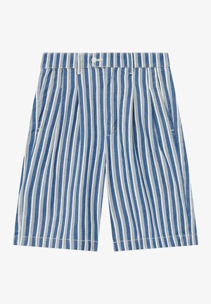Blue and white striped shorts made of lightweight material, featuring a waistband with a button closure and deep side pockets.