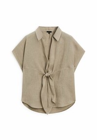 Blouse beige à manches courtes avec col et nœud noué à l'avant, fabriquée en tissu léger texturé, ourlet arrondi à l'arrière.
