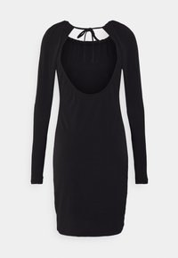 Vestido preto de mangas longas com costas baixas e fecho por laço. Feito de tecido suave, possui uma silhueta ajustada e um decote arredondado.