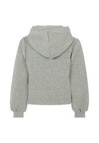 Felpa grigia corta con cappuccio regolabile, polsini a coste e un tessuto morbido e testurizzato. Vista sul retro che mostra cuciture lisce e un design minimalista.