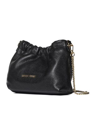 Zwart gestructureerd leren tasje met samengevouwen bovenkant, gouden kettingriem en klein gouden "Marc Ellis"-logo aan de voorkant.