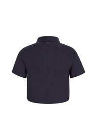 Rövidujjú tengerészkék ing, hajtott gallérral, sima textúrával és rövid, dobozos szabással. Finom márkajelzés a hátulján.