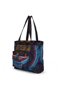 Tote-Tasche mit schwarzen Griffen, vorderer Reißverschlusstasche und buntem, kreisförmigem Muster in Blau-, Rot- und Goldtönen, mit "Gattinoni"-Logo auf den Trägern.