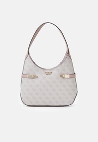 Hobo-tas van lichtbeige stof met een subtiel logopatroon. Heeft een gebogen ontwerp, goudkleurige hardware en een contrasterende bruine rand.