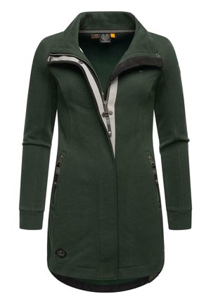 Green, fitted jacket with a high collar, gray inner lining, and metal zippered pockets. Smooth texture with a sleek, modern design.