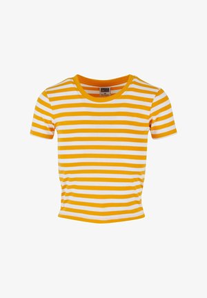 Gul og hvit stripete t-skjorte med kortermet og rund hals, med en tettsittende design laget av et mykt, lett materiale.