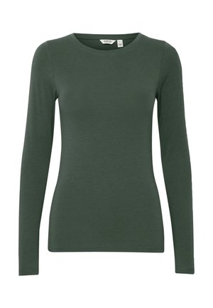 Camisa ajustada de manga larga verde oscuro con cuello redondo y pequeña etiqueta de marca dentro del cuello, talla pequeña.