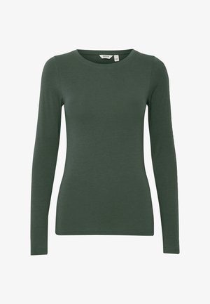 Camisa ajustada de manga larga verde oscuro con cuello redondo y pequeña etiqueta de marca dentro del cuello, talla pequeña.