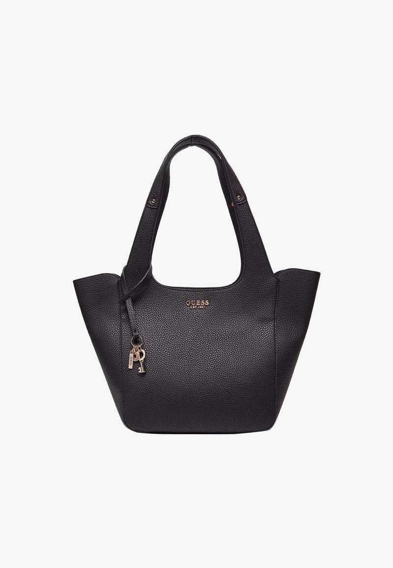 Bolso tote negro texturizado con una amplia apertura, asas dobles, herrajes en tono dorado y un charm con un acento de llave. Logo de la marca exhibido de manera prominente.