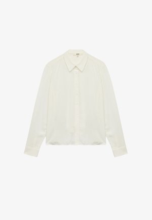 White, long-sleeved blouse in a smooth fabric. Features a pointed collar, button-down front, and fitted cuffs. Classic design with a minimalist look.