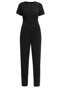 Combinaison noire à manches courtes avec encolure ronde, taille marquée, devant plissé et pantalon droit effilé.