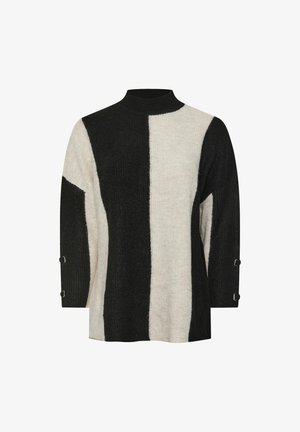 Strikket turtleneck sweater med lodrette sorte og cremefarvede striber, struktureret stof og metaldetaljer ved manchetterne.