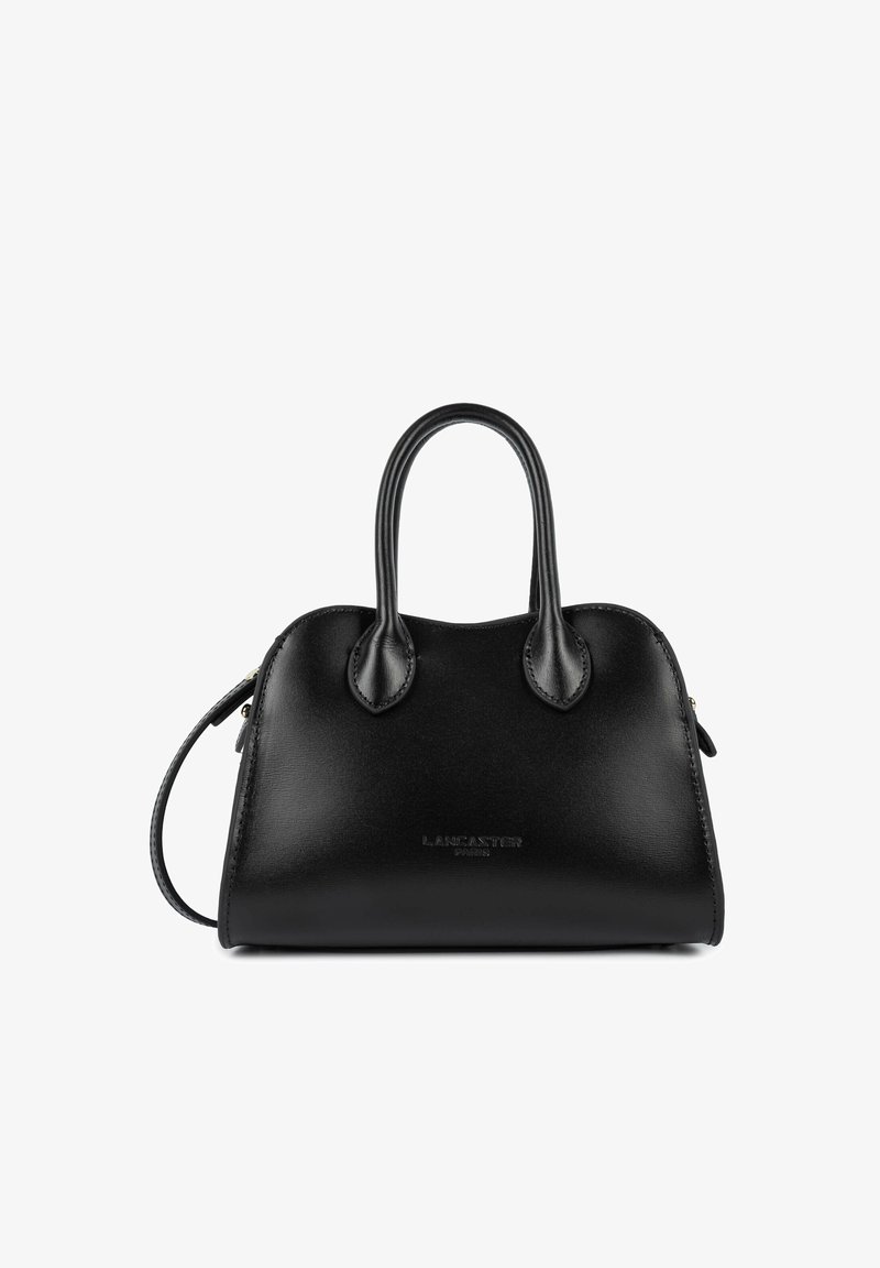 Sac à main en cuir noir avec double poignée et bandoulière amovible, finition lisse et logo Lancaster Paris discret.