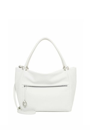 Sac à main en cuir blanc avec une anse unique, poche avant zippée et bandoulière amovible sur fond blanc.