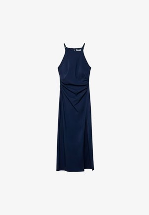 Robe sans manches bleu marine avec un corsage ajusté, des détails drapés sur le côté et une fente latérale. Tissu lisse et fermeture éclair au dos.