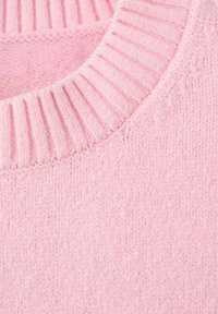 Light pink knit sweater featuring a ribbed crew neckline and textured fabric. Soft material with a cozy appearance.