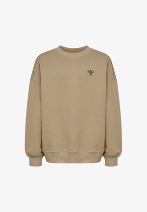 Beżowa bluza z okrągłym dekoltem, z prążkowymi mankietami i ściągaczem u dołu, z małym zielonym haftowanym logo pszczoły na lewej piersi.