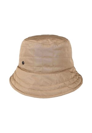 Beige gewatteerde bucket hat met een ronde bovenkant, brede rand en een subtiele glans. Heeft een klein zwart logo detail aan de zijkant.