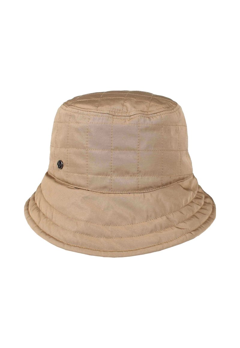 Beige quilted bucket hat with a round top, wide brim, and a subtle sheen. Features a small black logo detail on the side.