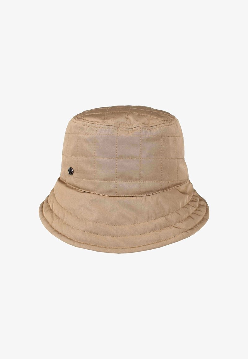 Beige quilted bucket hat with a round top, wide brim, and a subtle sheen. Features a small black logo detail on the side.