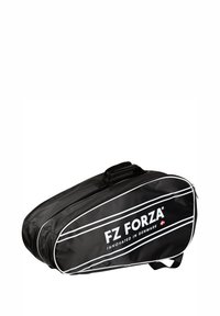 Musta urheilukassi, joka on valmistettu kestävästä materiaalista, valkoisilla raidoilla ja "FZ FORZA" -logolla. Varustettu kahvalla ja vetoketjulla, pyöristetty muoto.