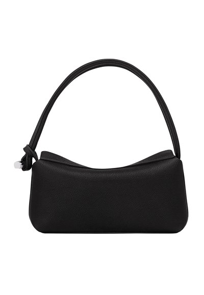 Schwarze Handtasche mit einer strukturierten Oberfläche, runder Form und einem dünnen Einzelriemen. Besitzt ein geknotetes Akzent am Riemen.